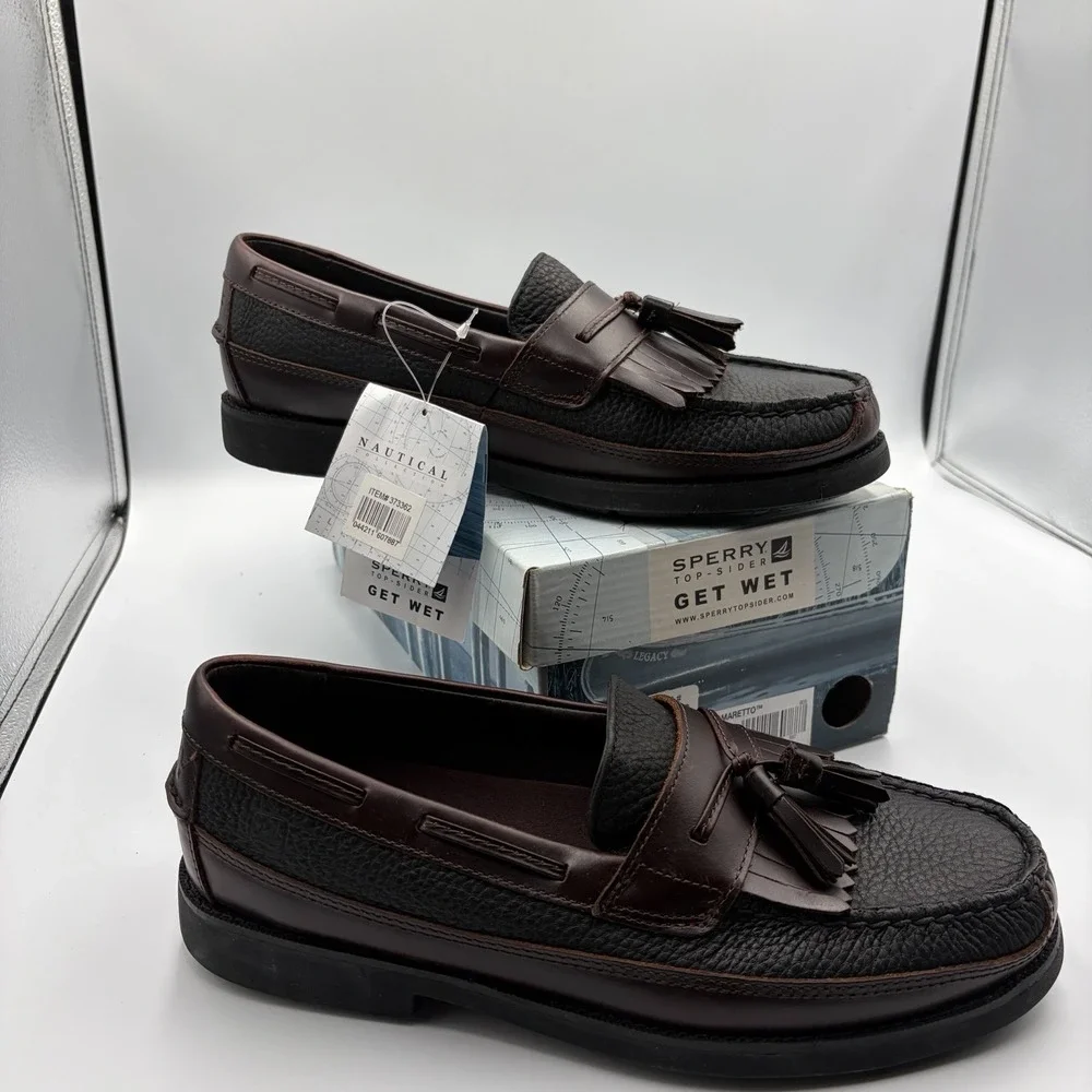Sperry Seaport DBL KT Black Men's NEW Leather Slip-On Boat Shoes Brown US 9